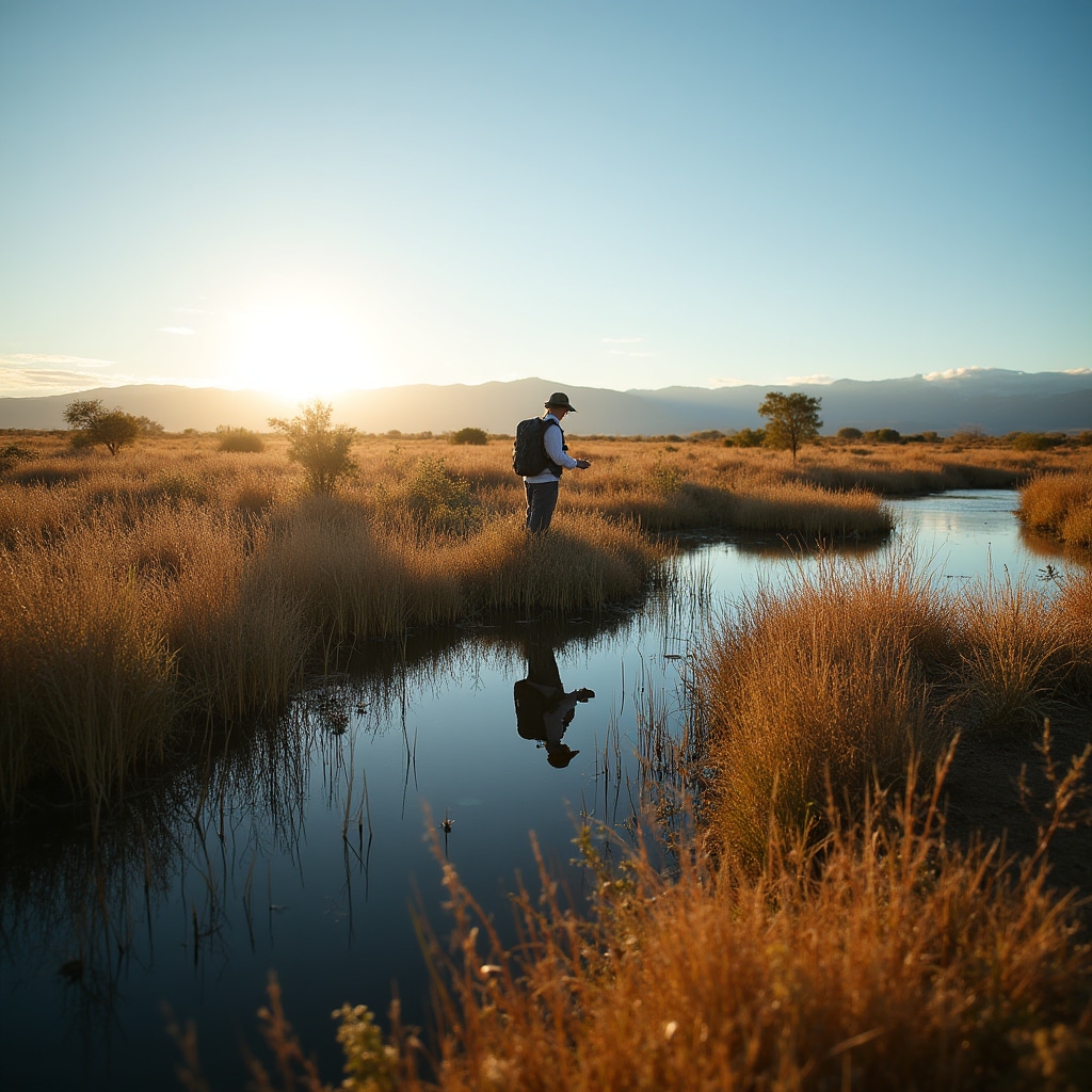 Área de humedal protegido con vegetación nativa y marcadores de límites