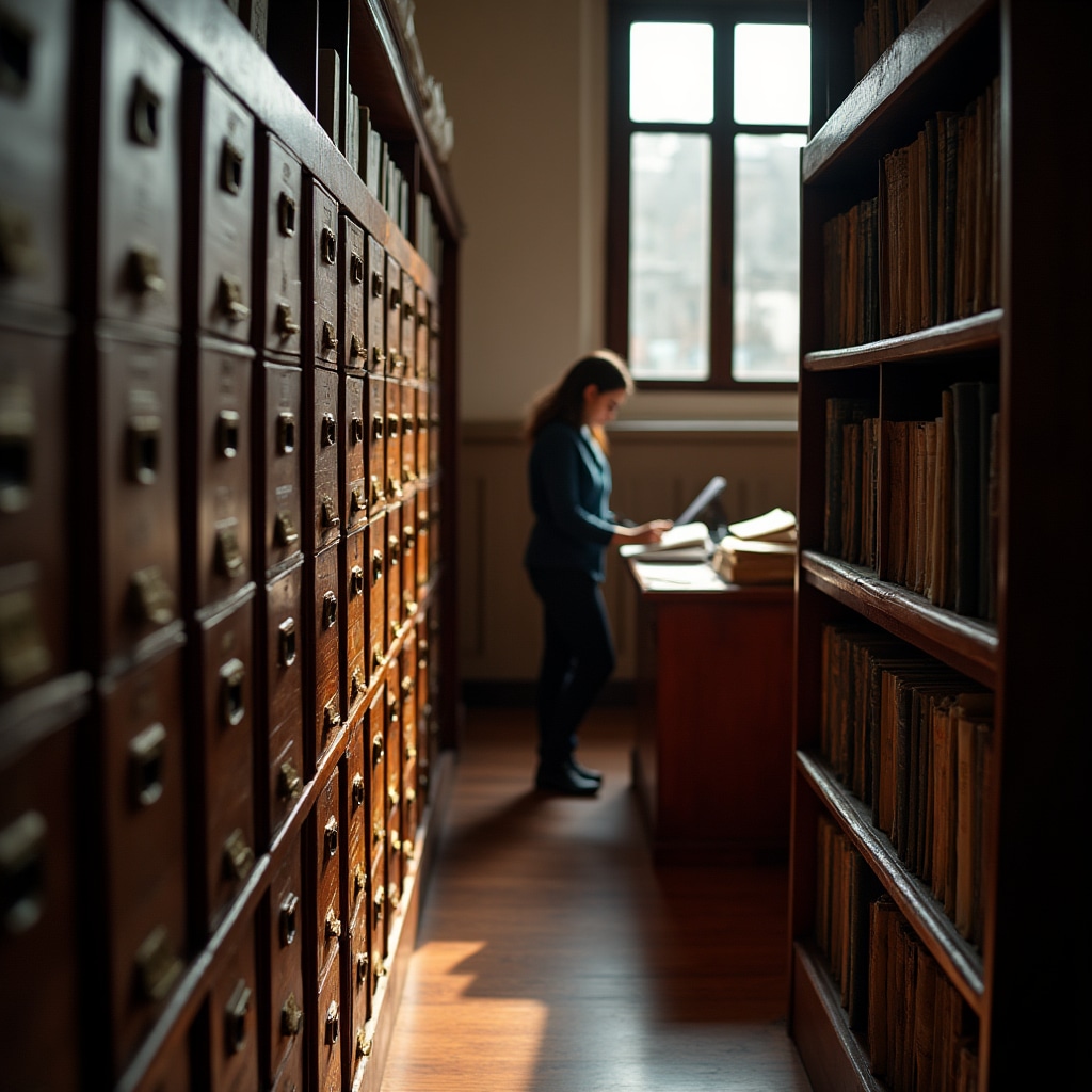 Oficina de registro de propiedad con sistema de archivo y documentos oficiales