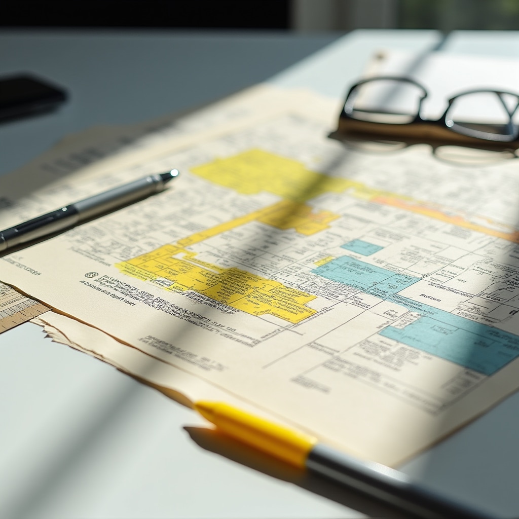 Documentos municipales de zonificación y planes reguladores extendidos en escritorio con marcador