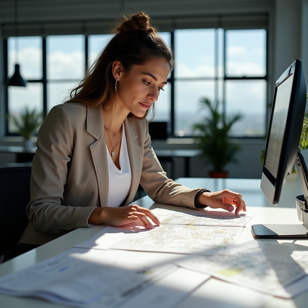Investigadora profesional de terrenos revisando documentos municipales en escritorio