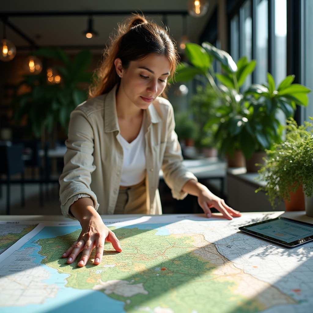 Investigadora de cumplimiento ambiental examinando mapas y documentos regulatorios