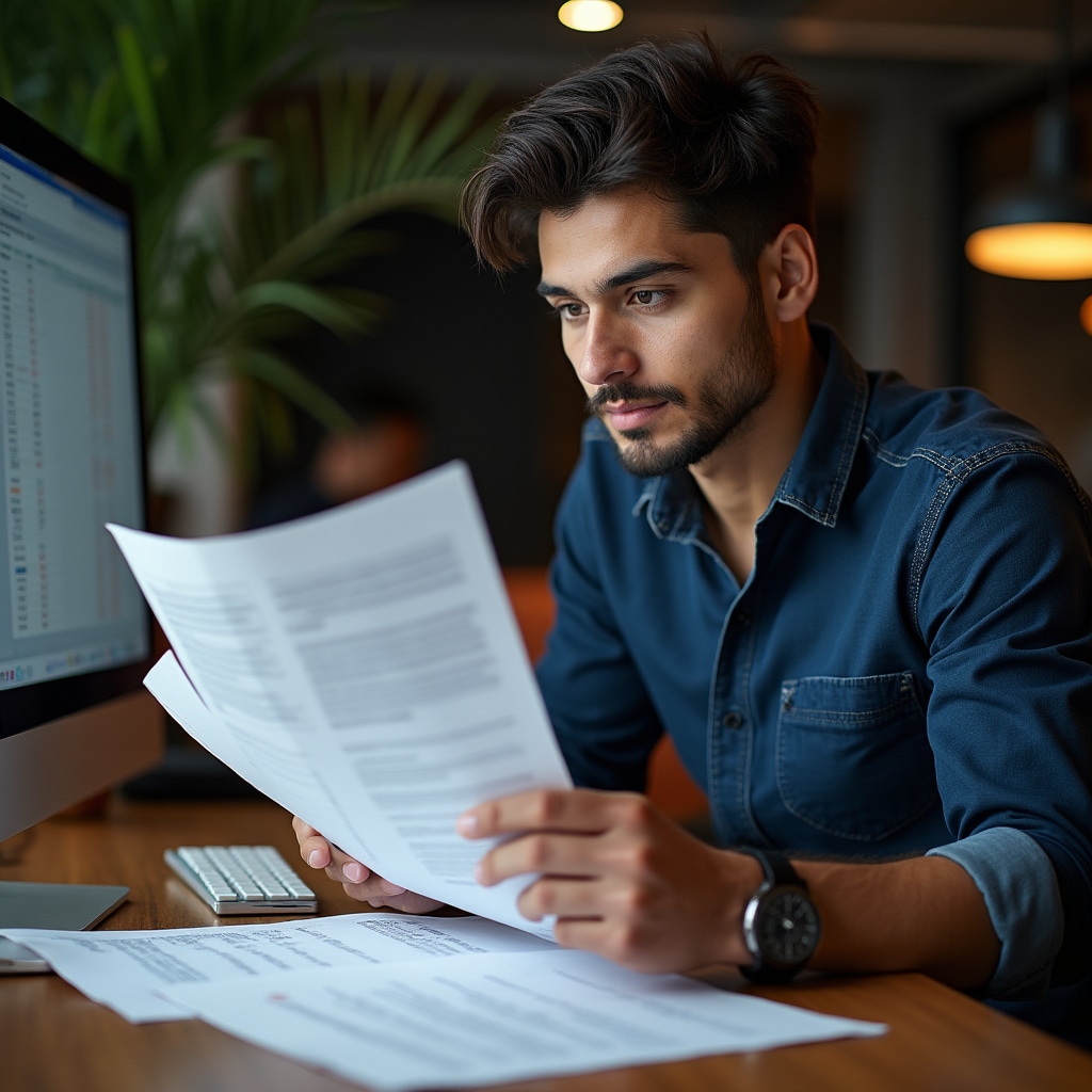 Especialista en registro de propiedades trabajando con documentos legales y computadora